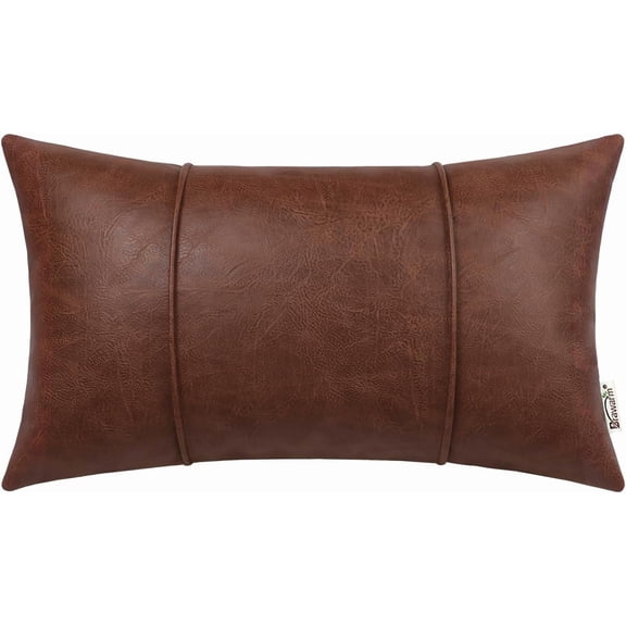 Dark Brown Leather Throw Pillow Covers 12 X 20 Inches - Faux Leather Lumbar Pillow Cover with Piping, Hand Stitched Leather Throw Pillow for Couch Sofa Bed Living Room Home Decorative