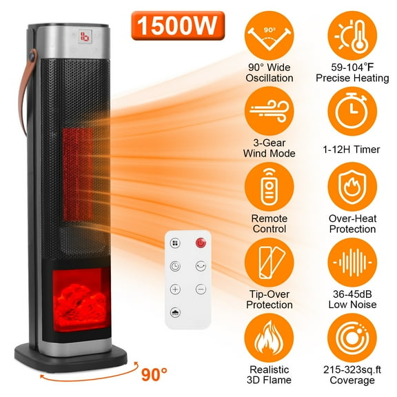 Imountek 1500W Oscillating Tower Space Heater with 3D Flame, Remote, Timer, 3 Heat Modes, Overheat & Tip-Over Protection for Bedroom Office