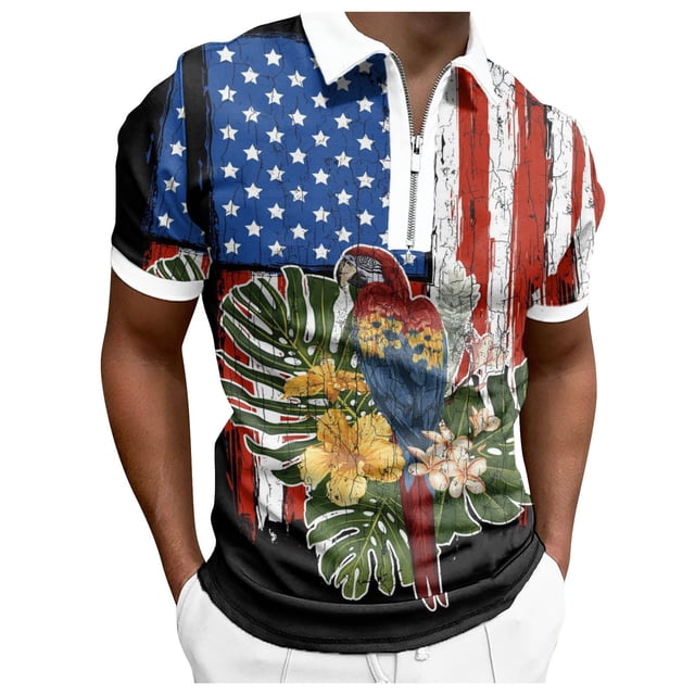 YDLCAFD Male Summer Independence Day Zipper Tops Holiday Celebration Full Print Short Sleeve Blouse