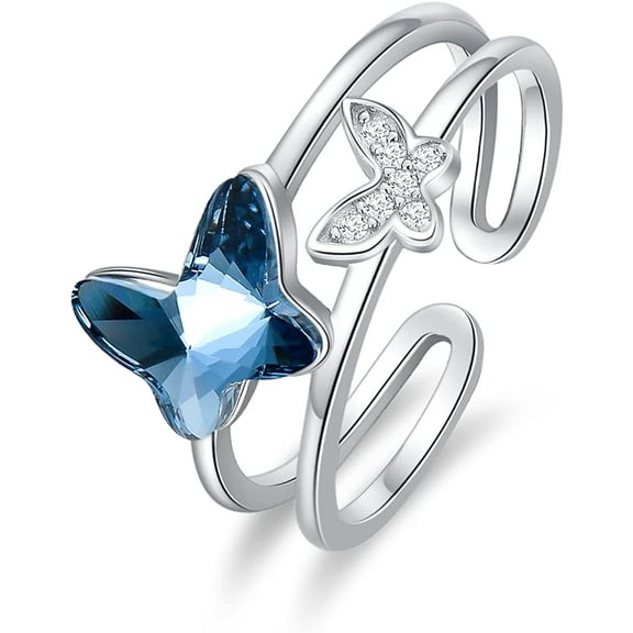 AOBOCO Butterfly Ring Sterling Silver Crystal Butterfly Ring Jewelry Gifts for Women Mom