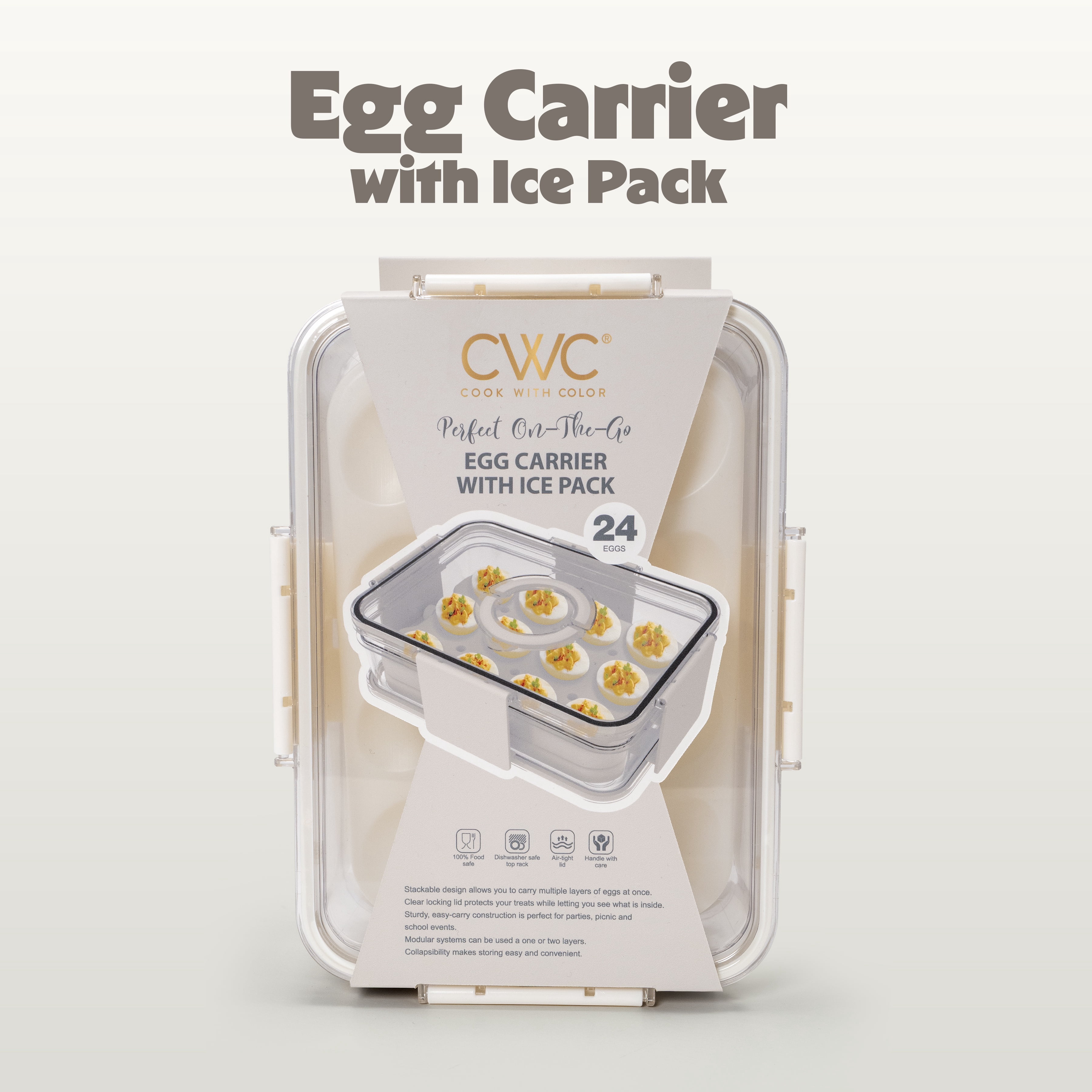 Cook with Color 2-Level Egg Carrier with Ice Packs for Chilled Storage, Holds up to 24 Eggs, Portable Food Storage Container with Locking Lid and Carry Handles, BPA-Free, Reusable, Dishwasher Safe