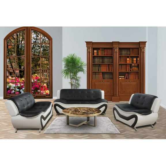 3 Piece Faux Leather Living Room Set, Black & White