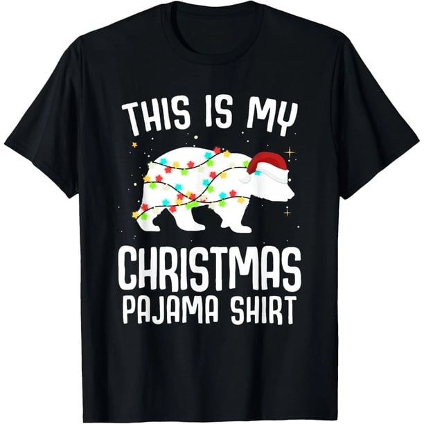 Playera de Mujer con Diseño de Oso Polar en Pijama Navideño y Santa, Unisex, Negra y Blanca, Regalo Ideal