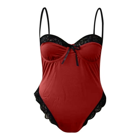 

Lingerie for Women s Sexy Teddy Bodysuit Lace Sling One-Piece Snap Crotch Bowknot Babydoll Sleepwear Pajamas