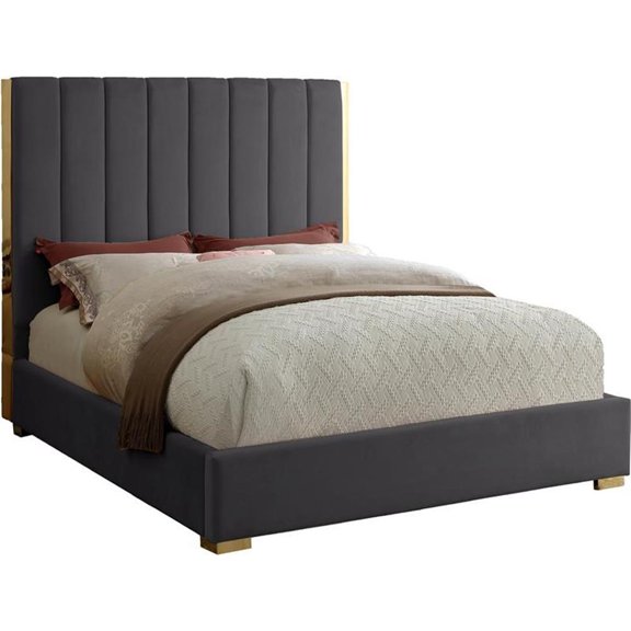 Maklaine Contemporary Metal and Velvet Full Bed in Gray
