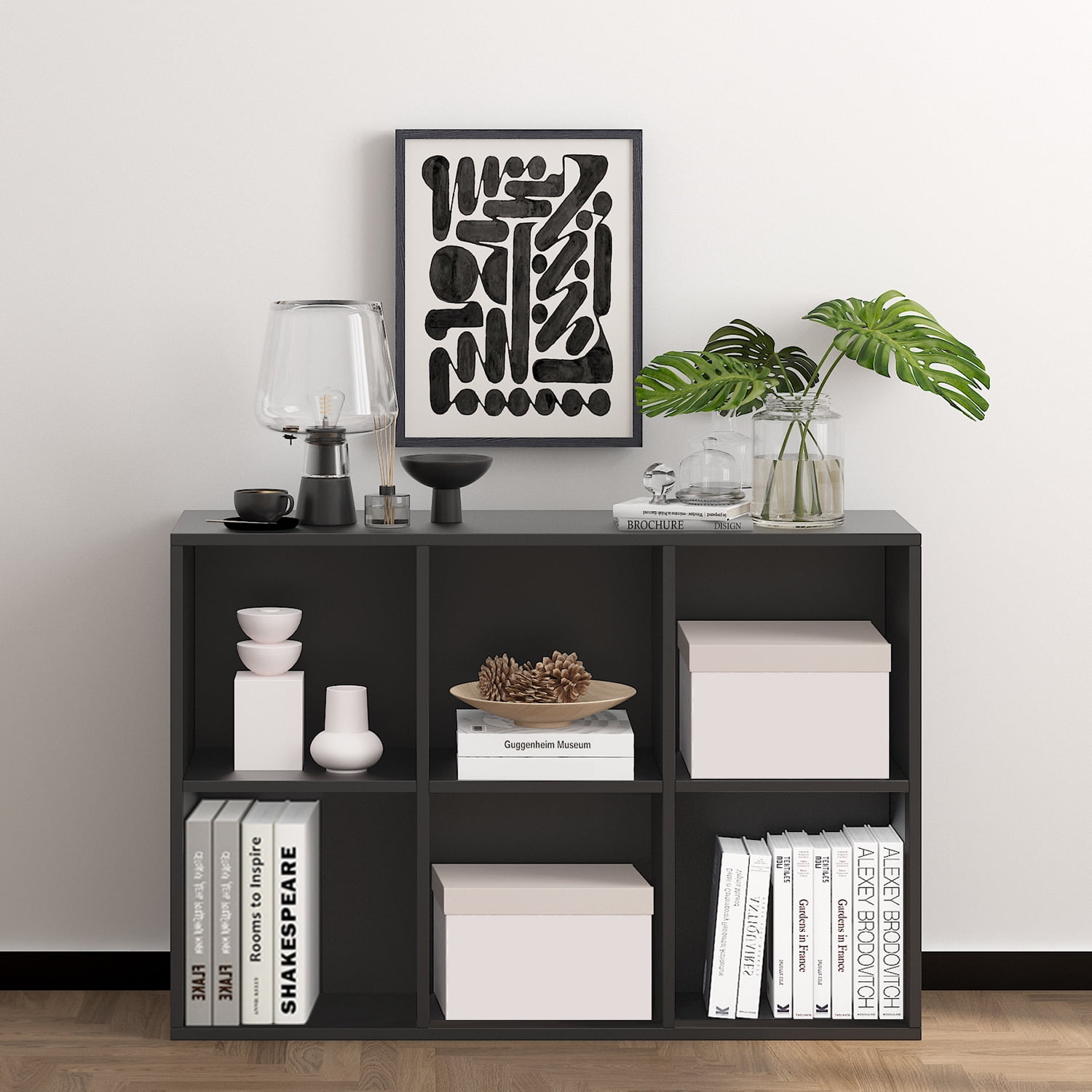NEWADARA Wooden Black 6 Cube Storage Organizer with Closed Back Panel,Cube Shelf Heavy Duty with Compartments for Living,Display Bookshelf for Adult