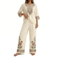 thumbnail image 3 of Floleo Women Boho Two Piece Outfit V Neck 3/4 Sleeve Floral Print Top Wide Leg Pants Vacation Matching Set, 3 of 7