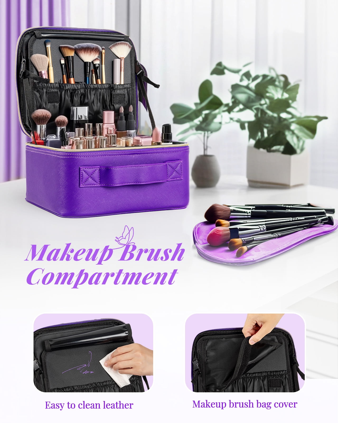 Makeup Bag with Mirror of LED Lighted, Travel Makeup Train Case with Adjustable Dividers, Portable Makeup Cosmetic Bag Organizer(Purple)