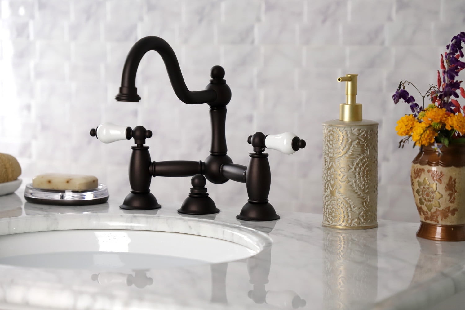 Kingston Brass KS3915PL Restoration Bathroom Standard Mount Bridge Faucet, Oil Rubbed Bronze