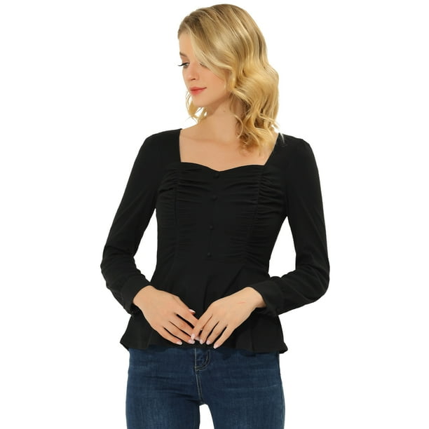 Blusa de manga larga Allegra K con cuello en forma de corazón Negro XS