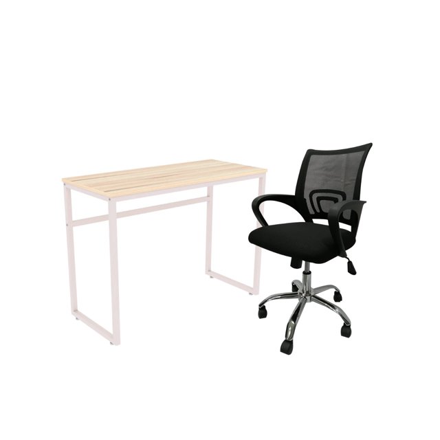 kit basico escritorio + silla home office mundo in genova 107 cenizo oficina Conjunto de 2 piezas: escritorio Genova con estructura metálica y cubierta de melamina de 16 mm en gris cenizo, vista frontal aislada; silla Parma negra con respaldo en tela mesh, asiento acojinado, descansabrazos, base cromada tipo estrella con ruedas y pistón regulador de altura. Compacto y pensado para espacios pequeños, ideal para home office o estudio; suele usarse también como estación de trabajo estudiantil.
