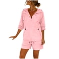 thumbnail image 6 of Cagogo Women Plus Size 2 Piece Shorts Set V Neck Long Sleeve Jacket Casual Lounge Matching Set Loose Solid Vacation Cruise Outfits Airport Travel Clothes, Pink M, 6 of 6