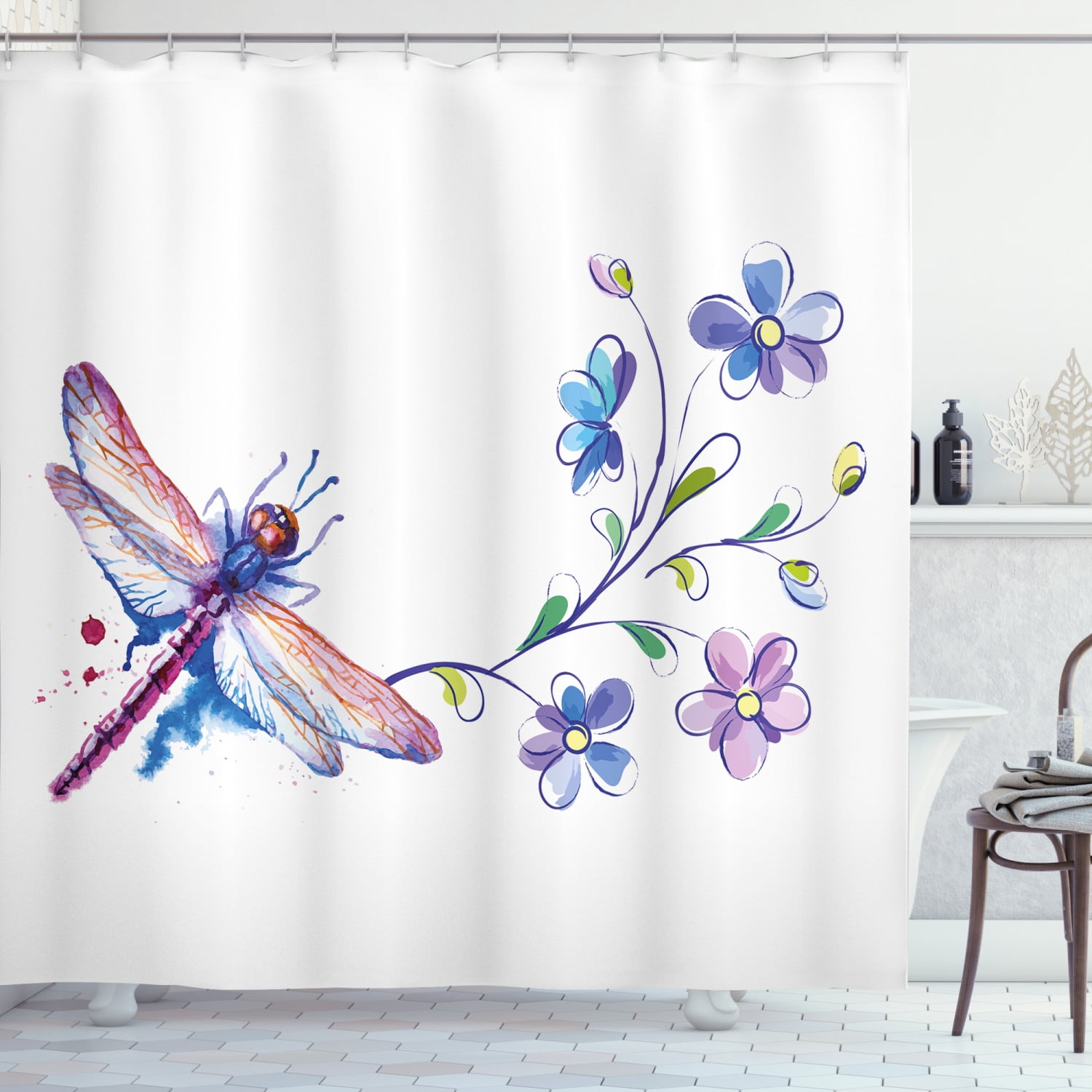 Waterproof Fabric Flying Dragonflies Bathroom Mat Set Shower Curtain Liner Hooks 