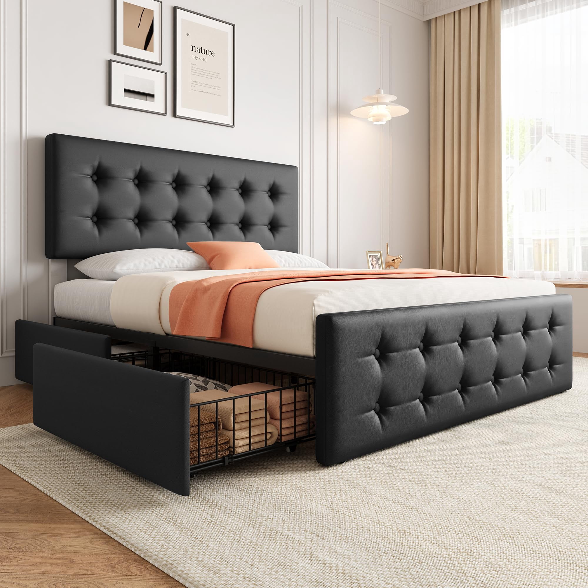 TROPOW King Size Bed Frame,with 4 Storage Drawers and Headboard, Linen Upholstered Platform Bed Frame with Wooden Slats Support, Button Tufted Design, No Box Spring Needed,Black
