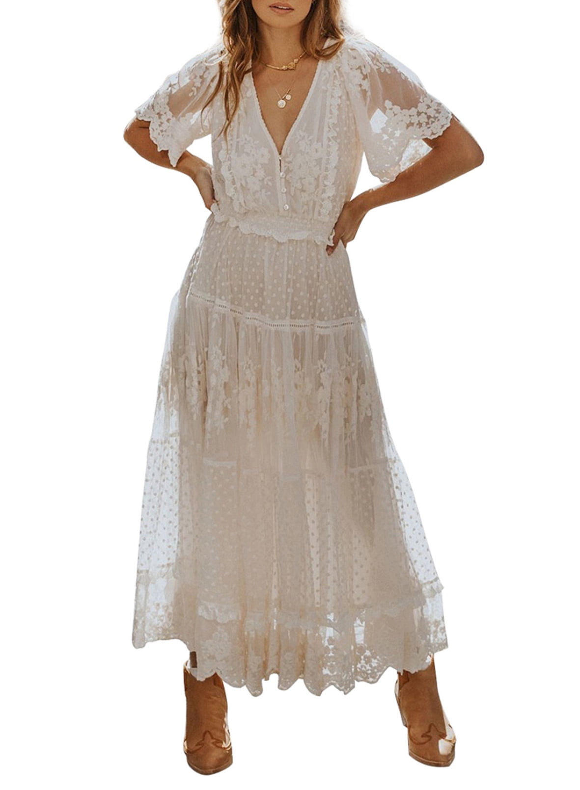 Gergeos Fashion Dress Women Oversize 3/4 Sleeve O-Neck Solid Overlay Lace Chiffon Dress Knee-Length Dress S-5XL 