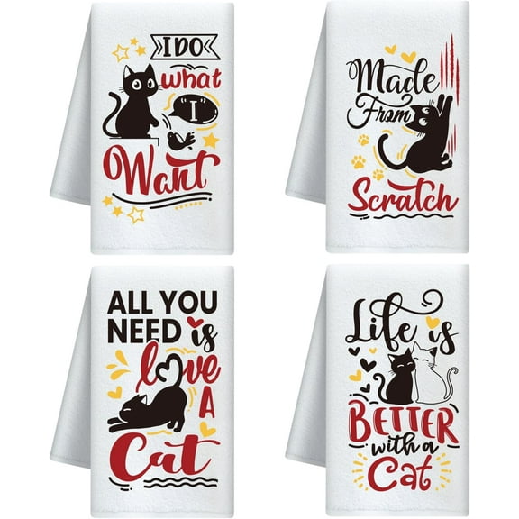 Funny Black Cat Decorative Kitchen Towels Set of 4 Soft Absorbent Microfiber Dish Towel for Kitchen Tea Coffee Bar Home Best Gift for Housewarming Christmas Thanksgiving Birthday