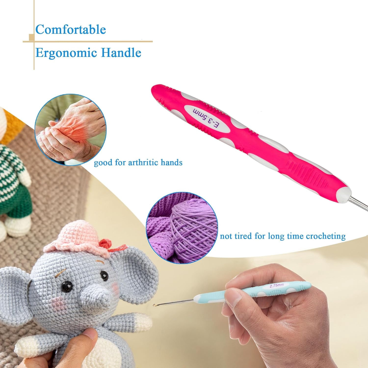 9 PCS Longer Ergonomic Crochet Hooks Set USA Standard Size B to J 2.0mm-6.0mm Soft Grip Handles Smooth Crochet Needles Knitting Needles for Arthritic Hands,Beginners(Set C)
