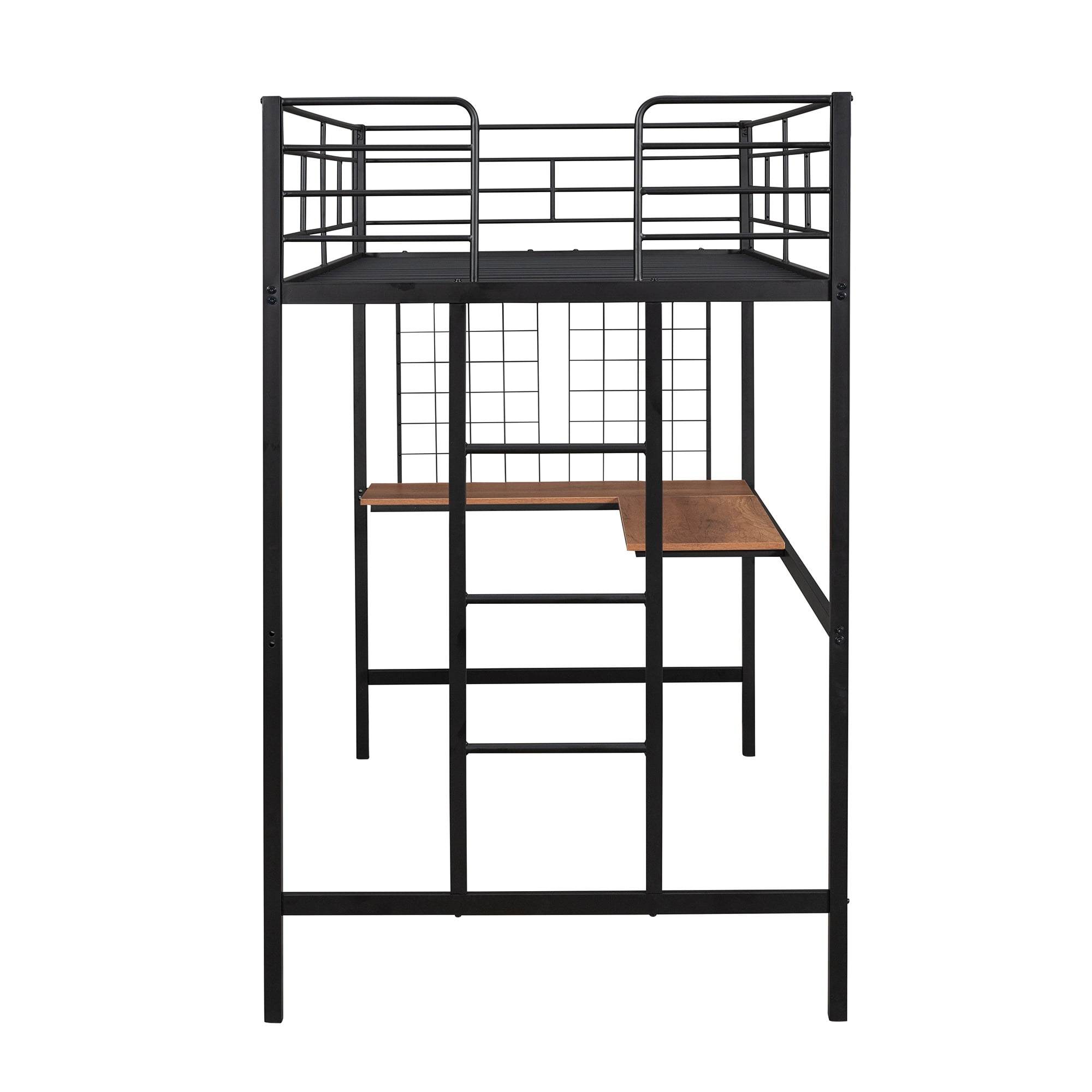 Gewnee Twin Size Metal Loft Bed Frame with L-Shape Desk and Metal Grid for Kids,Teens, Black