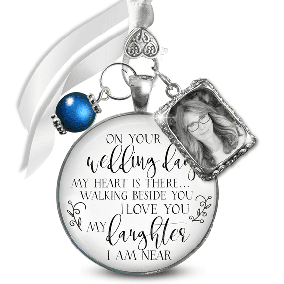 Bridal Bouquet Memorial Charm for Daughter Mom I Carry You With Me Today and Every Day Silver White Pendant Photo Frame