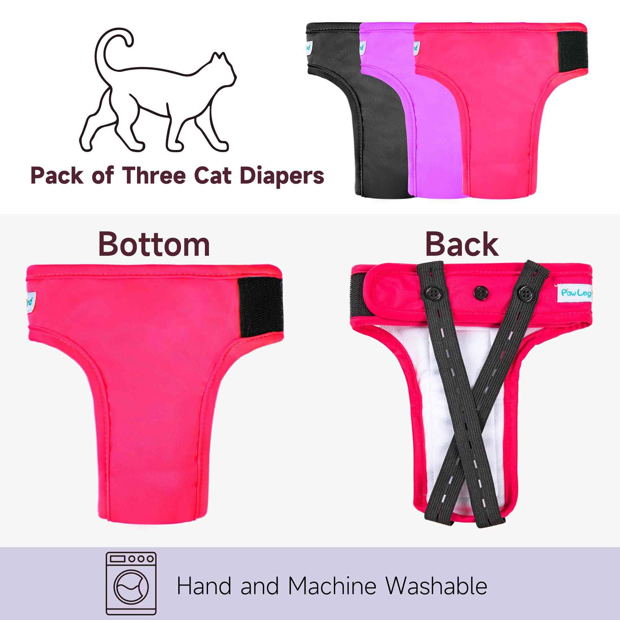 Paw Legend Cat Diapers for Female Cats Spraying Washable Reusable Kitten Diapers for Cats Incontinence Pet Diapers (3 Pack, Colorful, Large)
