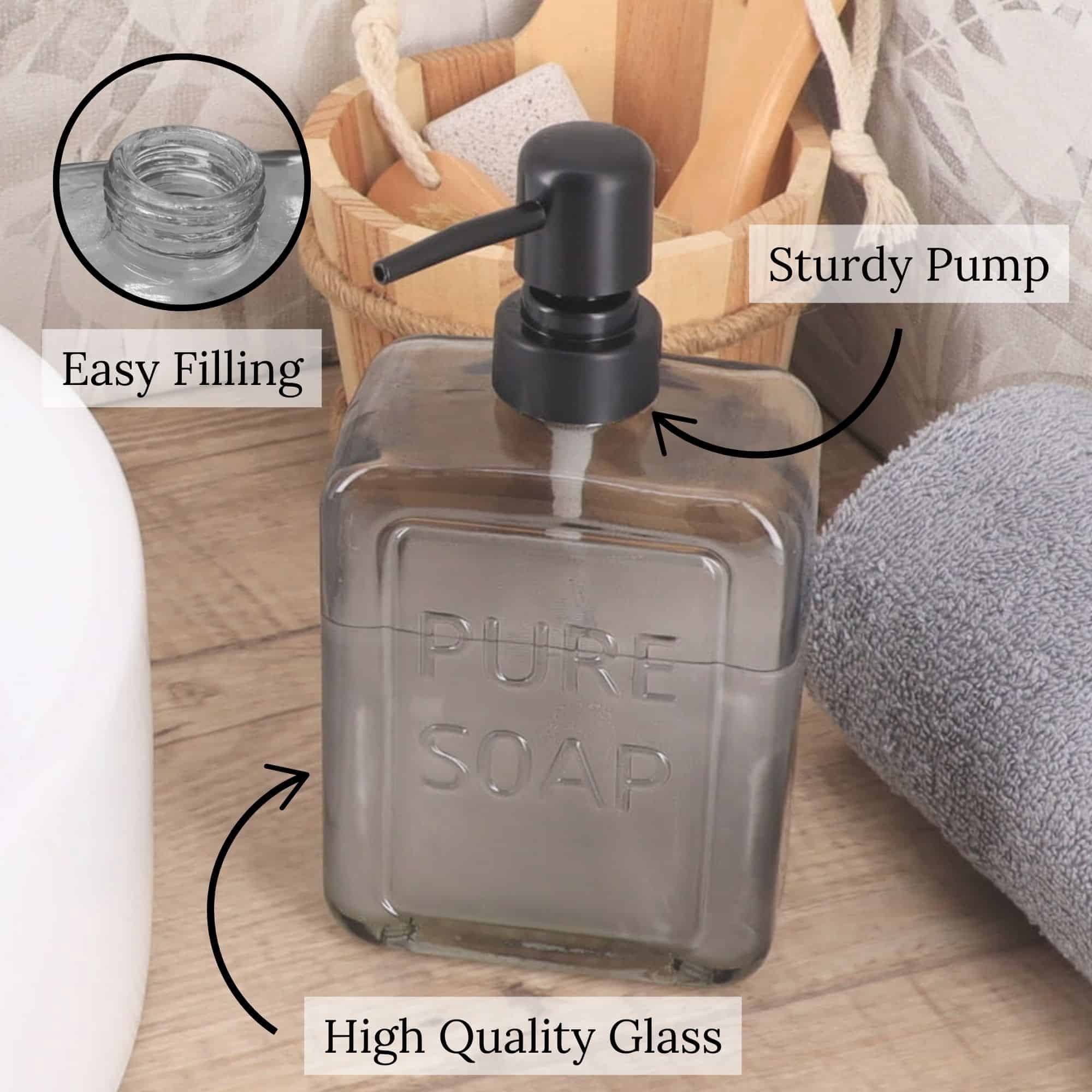 Smoked Glass Soap Dispenser PURE SOAP 18 FL OZ