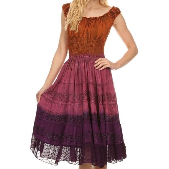 Sakkas Balayga Ombre Tie Dye Batik Adjustable Ruffle Tank Top Sleeveless Dress - Orange - OS