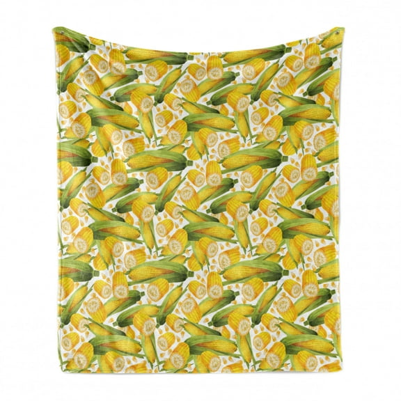 Corn Soft Flannel Fleece Blanket, Vegetable Organic Food Realistic Illustration Yellow Corn Stalks Agriculture, Cozy Plush for Indoor and Outdoor Use, 50" x 60", Yellow Green White, by Ambesonne
