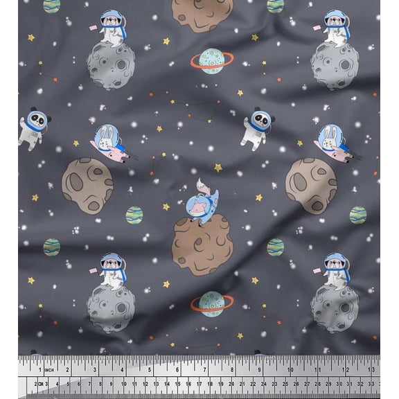 Soimoi Rayon Fabric Astronaut Animals,Star & Planet Galaxy Decor Fabric Printed Yard 56 Inch Wide
