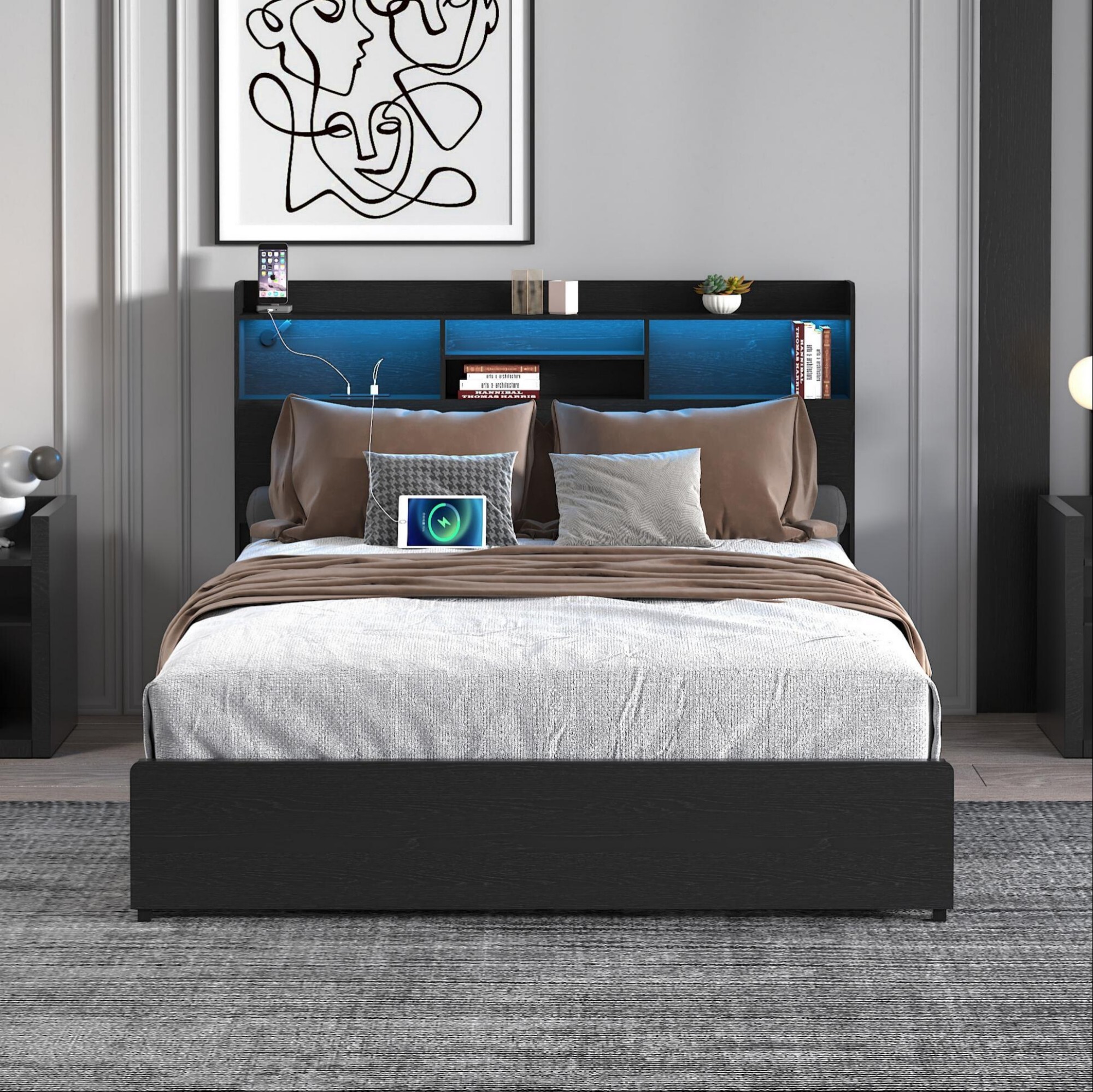 AENKYO Queen Size Bed Frame with 4 Storage Drawers & LED Lights - Storage Headboard with Charging, Noise-Free, Black
