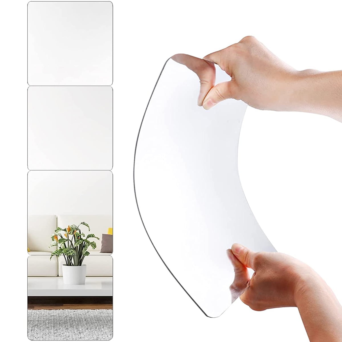 Thickened Adhesive Self Acrylic Mirror 4 Pack Mirror Tiles 12 x 12 inch Flexible Plastic Mirror