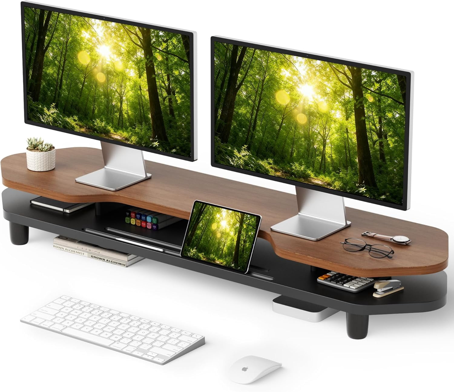 39.4 Inch Dual Monitor Stand with Storage Shelf, 2-Tier Wooden Desk Organizer Riser for Computer, Laptop, Printer and Phone/Tablet