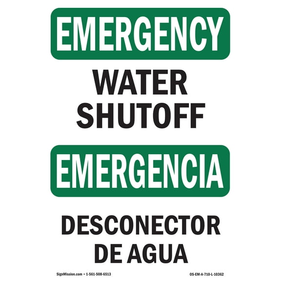 OSHA EMERGENCY Sign - Water Shutoff Bilingual | Decal | Protect Your Business, Construction Site, Warehouse & Shop Area | Made in the USA