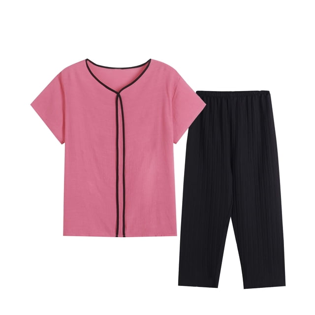 HUJlwoi Plus Size Lounge Sets for Women Cotton Linen Short Tops and Long Pants 2 Pj Sets Solid Color Spring Summer Pajama Sets