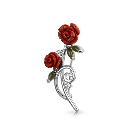 Dainty Red Roses Bouquet CZ Accent Brooch Pin For Women Rhodium Plated Brass
