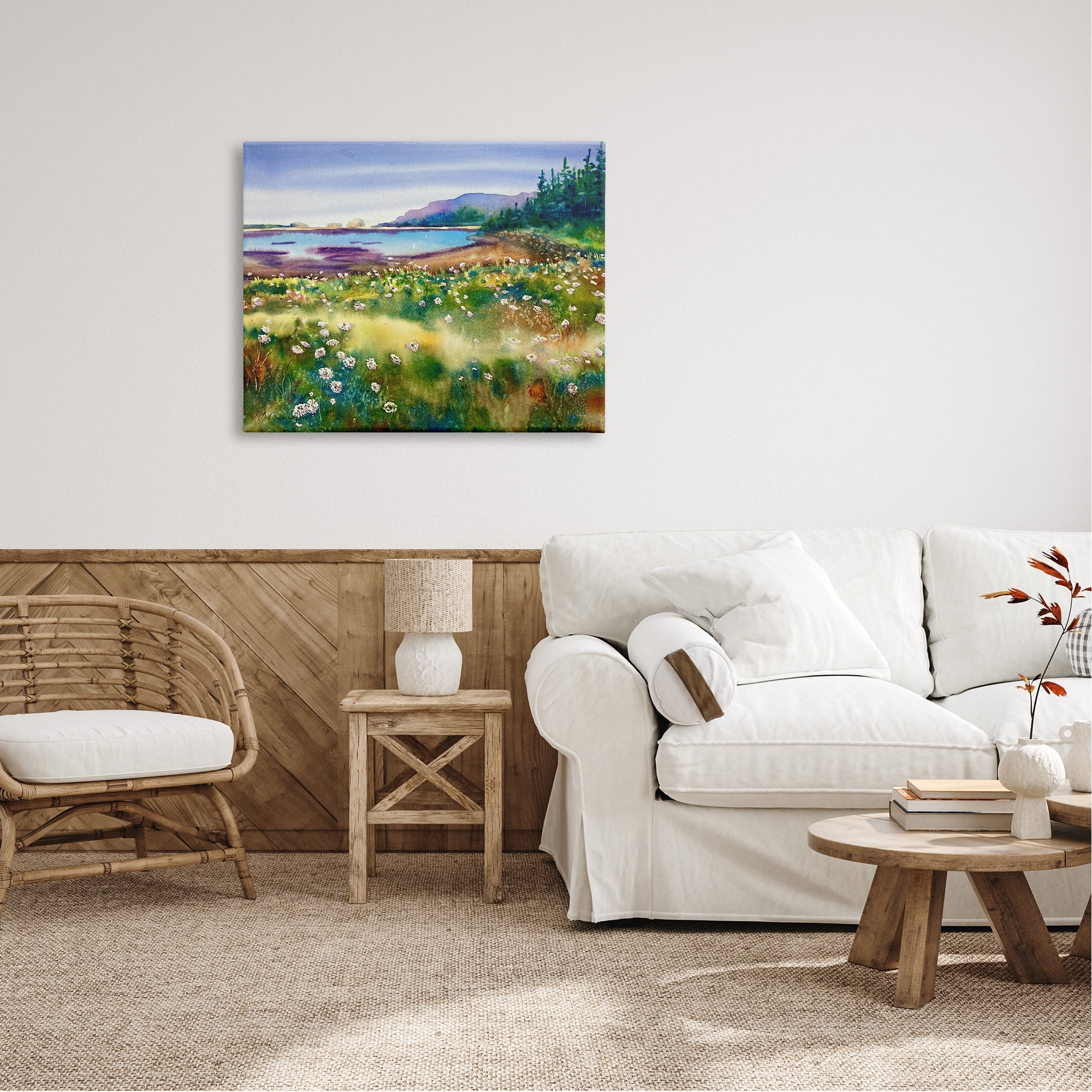 Stupell Industries Soothing Pond View Flower Field Distant Mountains Paintings Gallery-Wrapped Canvas Print Wall Art, 40x30, by MB Cunningham