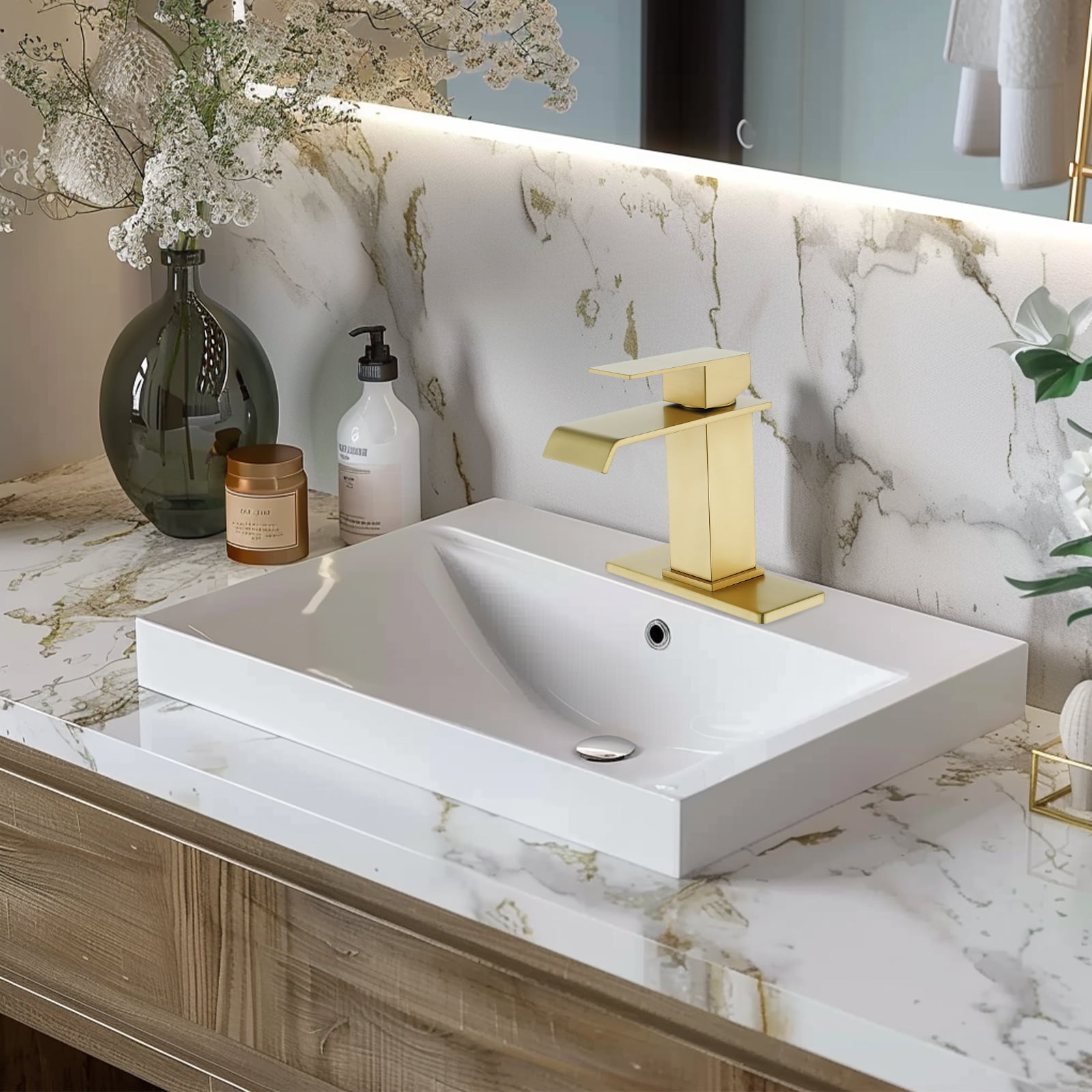 Cobbe Single-Handle Waterfall Spout Bathroom Sink Faucet for Vanity Single-Hole Installation with Pop-Up Drain Brushed Gold