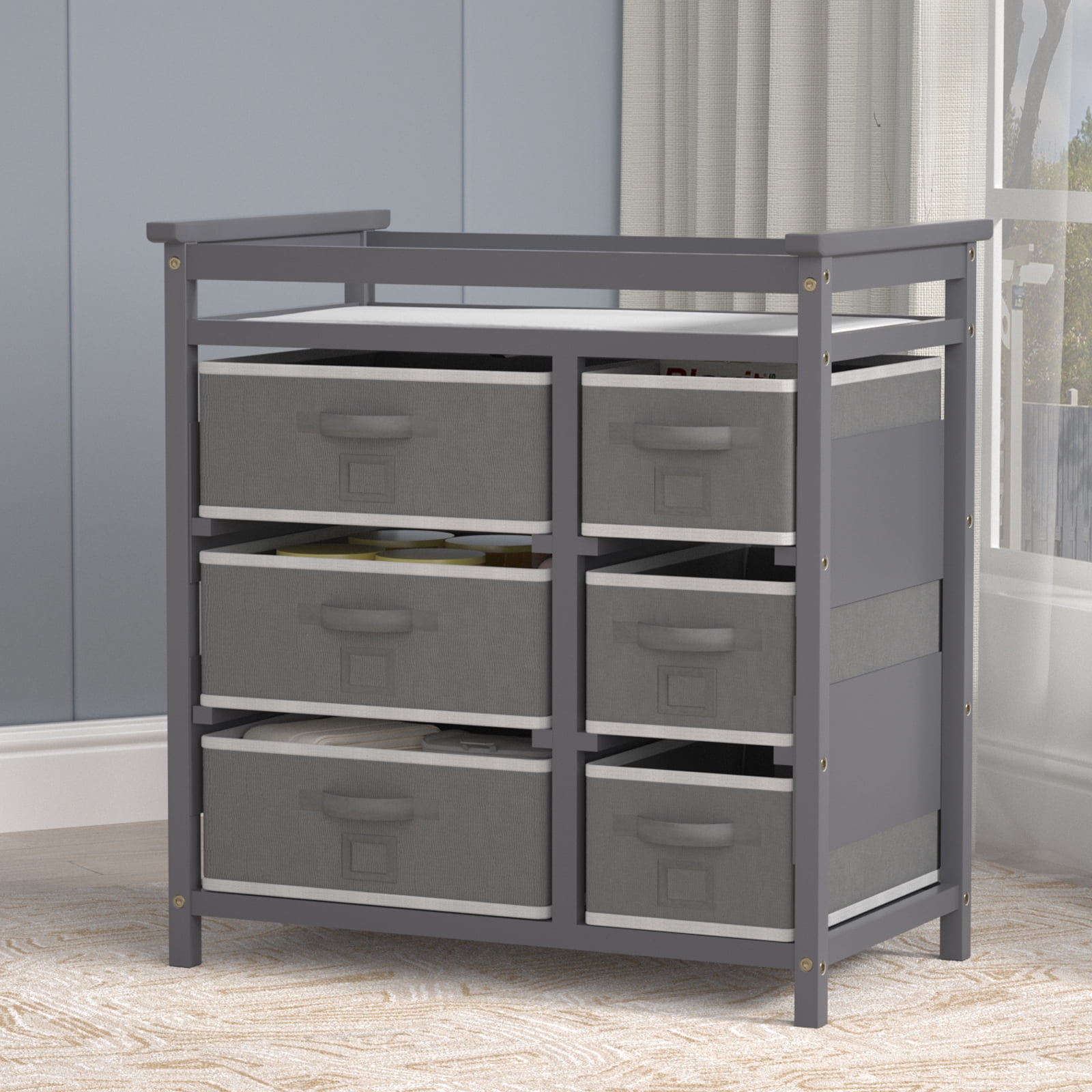 Glaf Baby Changing Table Dresser with 6 Storage Drawers and Pad, Diaper Changing Station Multifunctional Nursery Changing Table for Newborn Baby and Infant