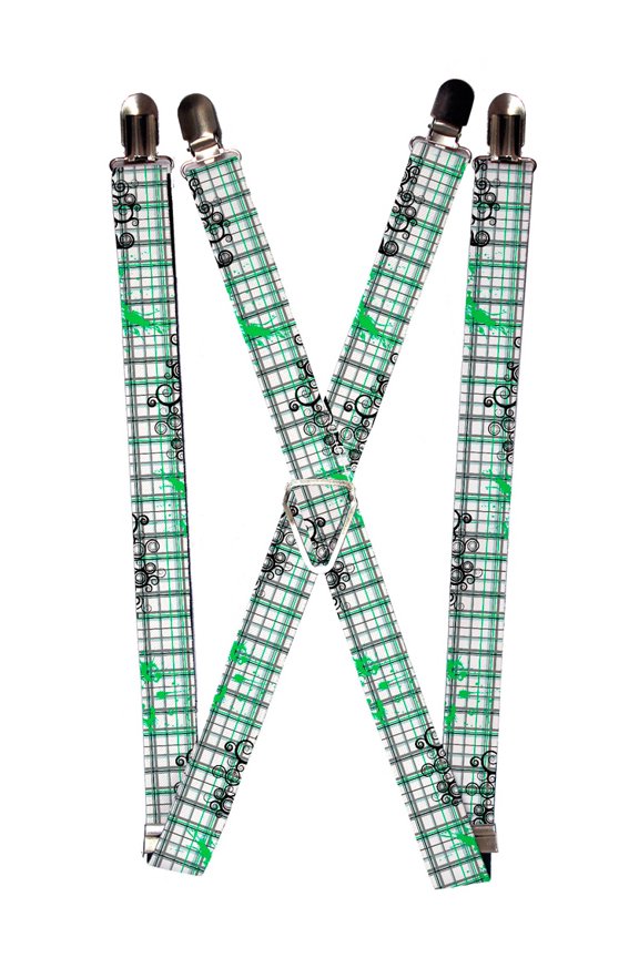 Green Grey White Plaid Scroll Pattern Suspenders