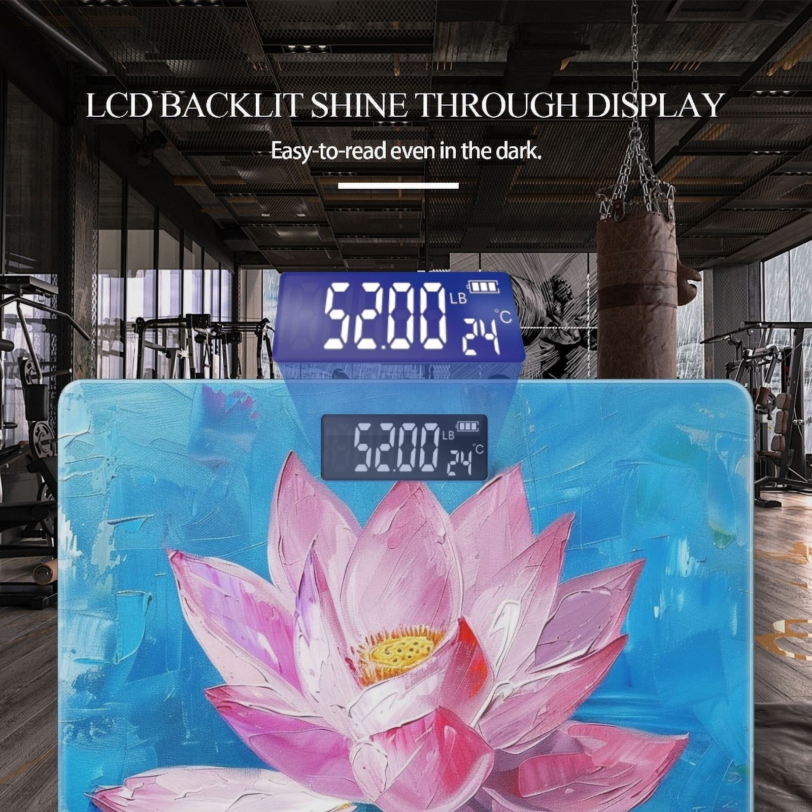High Precision Body Weight Scale Smart Bathroom Scales with Large LCD Display(400lbs),Decorative for Bedroom-Pink Lotus Flower On Blue Background
