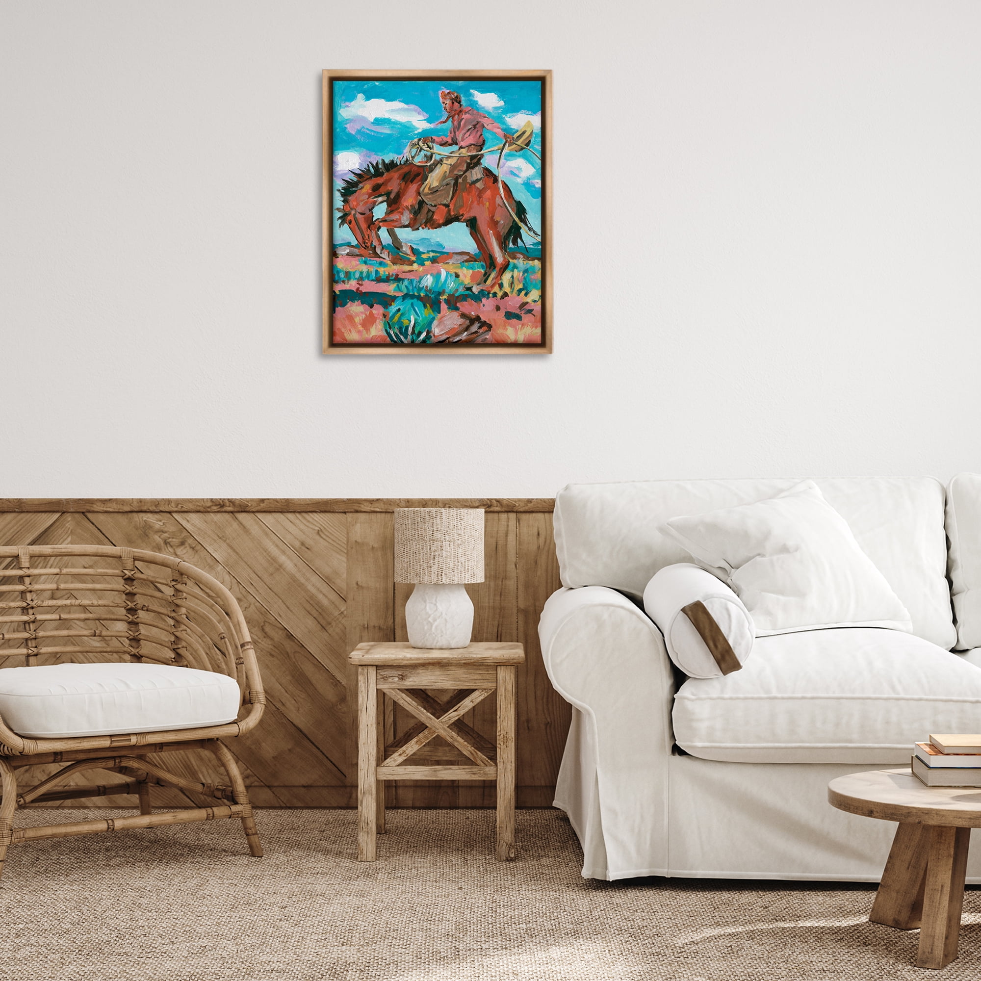 Stupell Industries Lassoing Cowboy Scene Animals Painting Brown Floater Framed Canvas Art Print Wall Art, 25 x 31