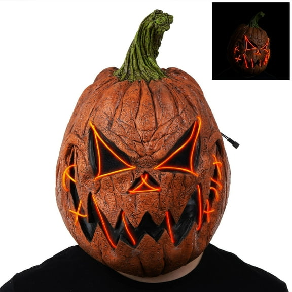 Caretas Rev Adult Light-Up Menacing Jack-o'-Lantern Latex Mask, Halloween Accessory, 1pc