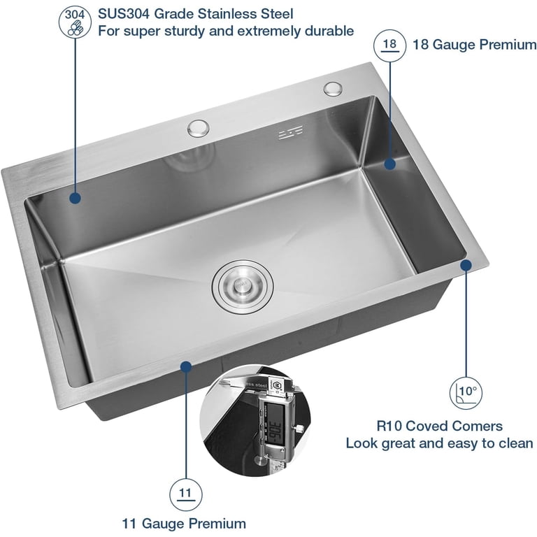 28 X 19 Inch Undermount Kitchen Sink - 16 Gauge Stainless Steel Single Bowl, 10" Deep