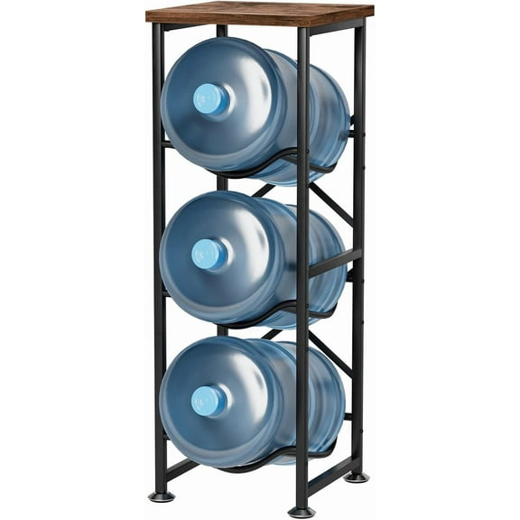 5 Gallon Water Jug Holder, 3-Tier Water Bottle Holder with Wood Top Shelf, Heavy Duty Water Cooler Jug Rack, Water Dispenser Storage Stand for Kitchen Office and Living Room