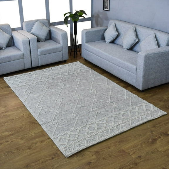 Rugsotic Carpets Hand Woven Flat Weave Kilim Wool & Cotton Eco-Friendly Area Rugs- 5'X7'6'', Rectangle, White Grey, Contemporary Design, Low Pile Handmade Area Rugs For Living Room, Bed Room (Dwc001)
