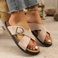 thumbnail image 2 of LTTVQM Womens Flat Sandals Arch Support Platform Open Toe Slip-On Cork Footbed Slide Sandals Casual Lounge Adjustable Buckle Slides for Vacation Khaki 36(US-5.5), 2 of 5