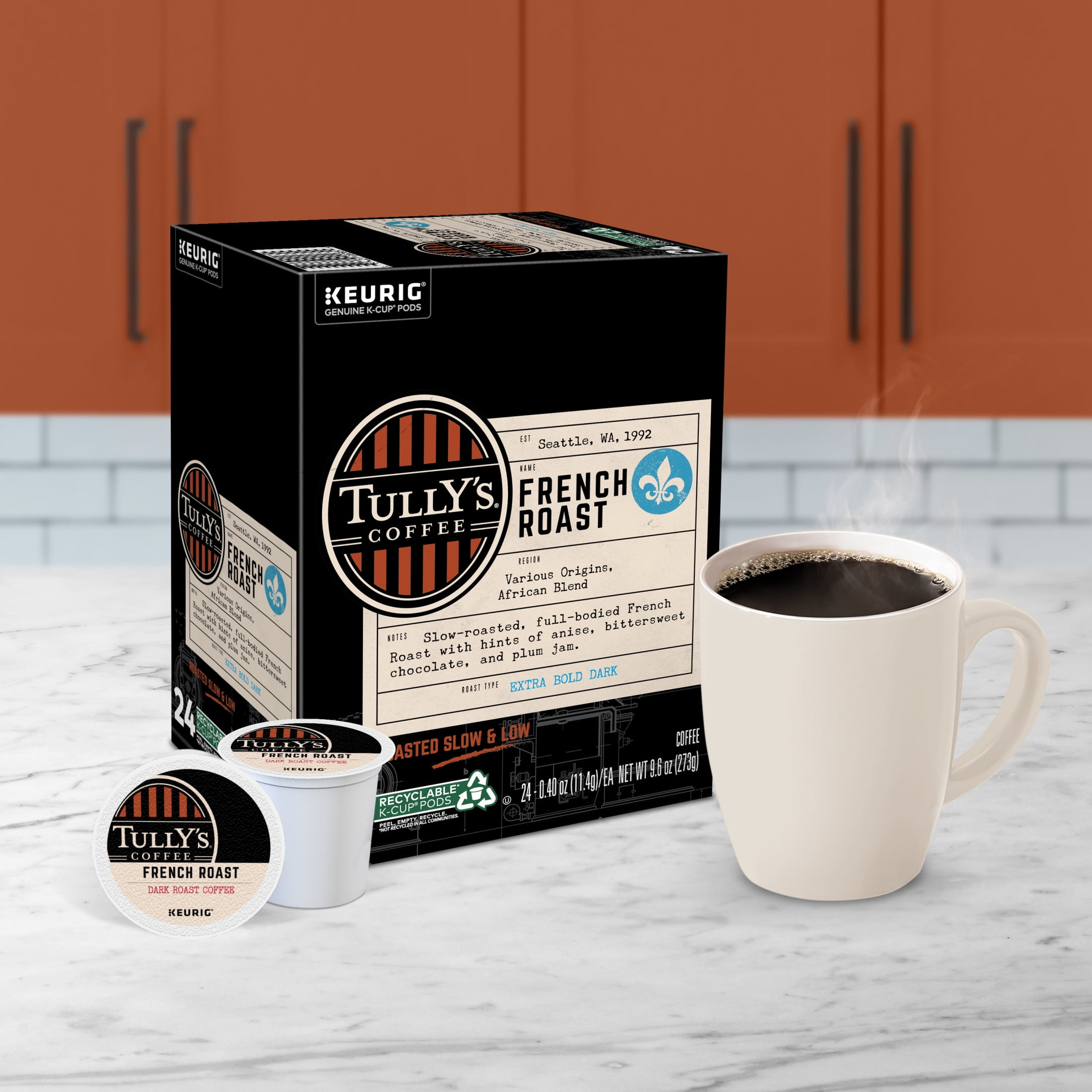 Tully's Coffee, French Roast Dark Roast K-Cup Coffee Pods, 24 Count