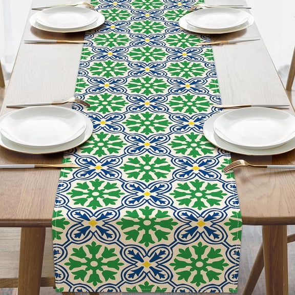 Green Blue Yellow Moroccan Floral Tile Dining Table Runner, Vintage Mediterranean Geometric Ceramic Tile Linen Kitchen Decoration, Boho Farmhouse Indoor Outdoor Home Decor Party Supply 13''x72''
