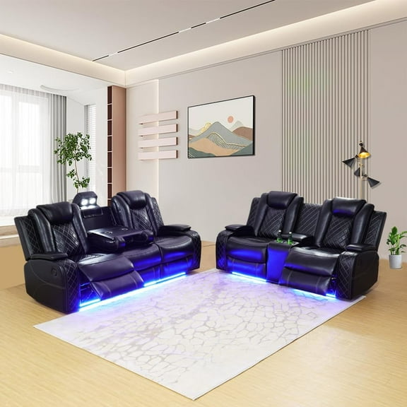 PonLiving Leather Reclining Sectional with Cup Holders Electric Reclining Wireless Charging Hidden Arm Storage Breathable Leather Upholstery Easy Assembly Black 2 Piece Sofa Set