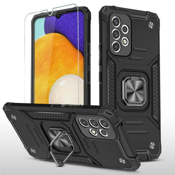 Xhy Samsung Galaxy A33 5G Case with Screen Protector Shockproof Ring Stand Cover Magnetic Metal Kickstand Holder Drop Protection [Black]