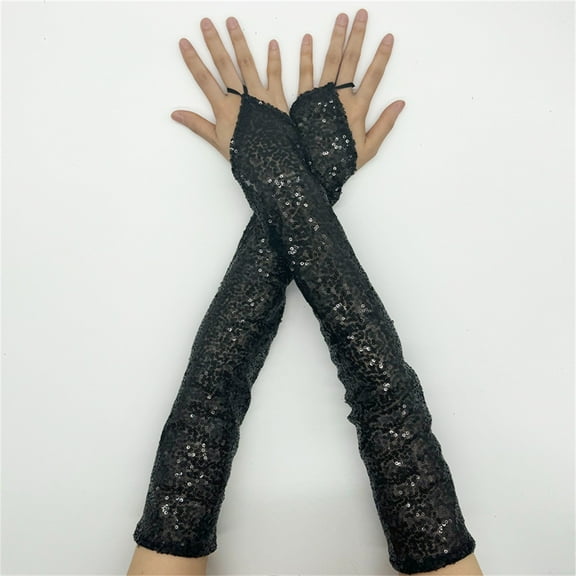 Women's Sparkly Sequin Lace Fingerless Gloves, 20 Inch Long Glitter Gloves for Wedding Party Costume, Carnival Evening Glam Accessories with Gold Shine Black